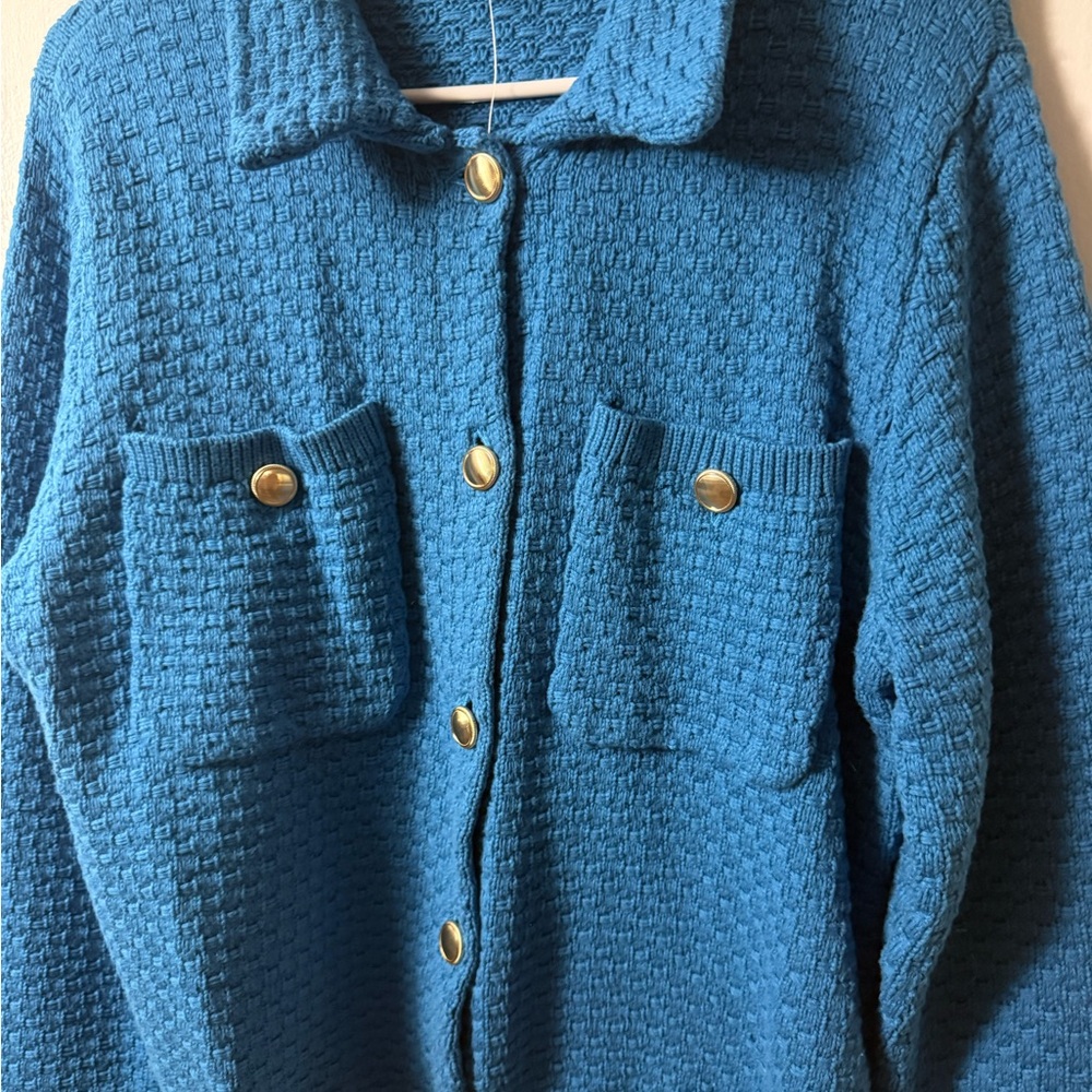 Ann Taylor Azure Blue Textured Button-Up Cardigan Jacket - Picture 5 of 6